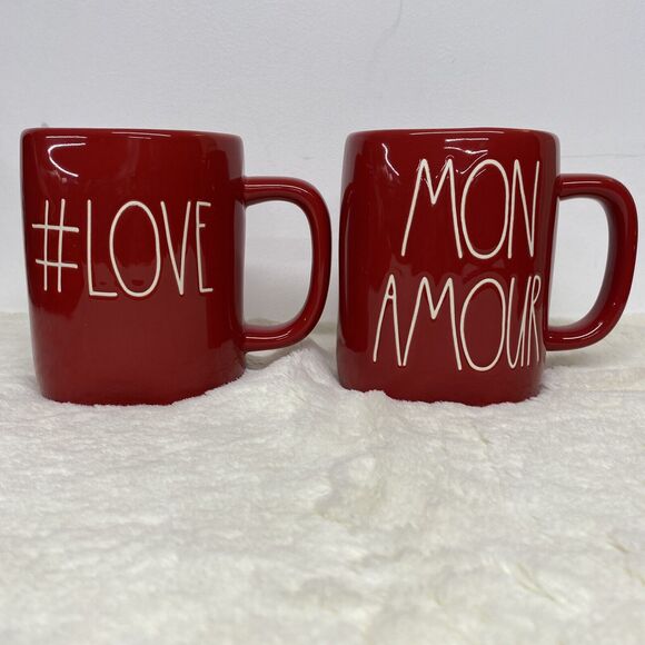 2 RAE DUNN #LOVE Mon Amour Valentine's Day Hashtag LOVE Red Coffee Mug NEW - Picture 1 of 4